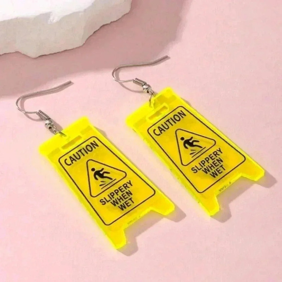 Funny yellow sign caution earrings jewelry fashion women's silver dangle plated - Picture 3 of 4